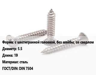 Саморез с шестигранной головкой, без шайбы, со сверлом D=5.5 L=19 сталь ГОСТ: DIN 7504